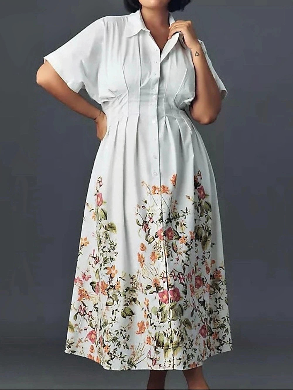 Exquise The Tobie Shirt Dress Floral Midi White & Multicolor Size Large